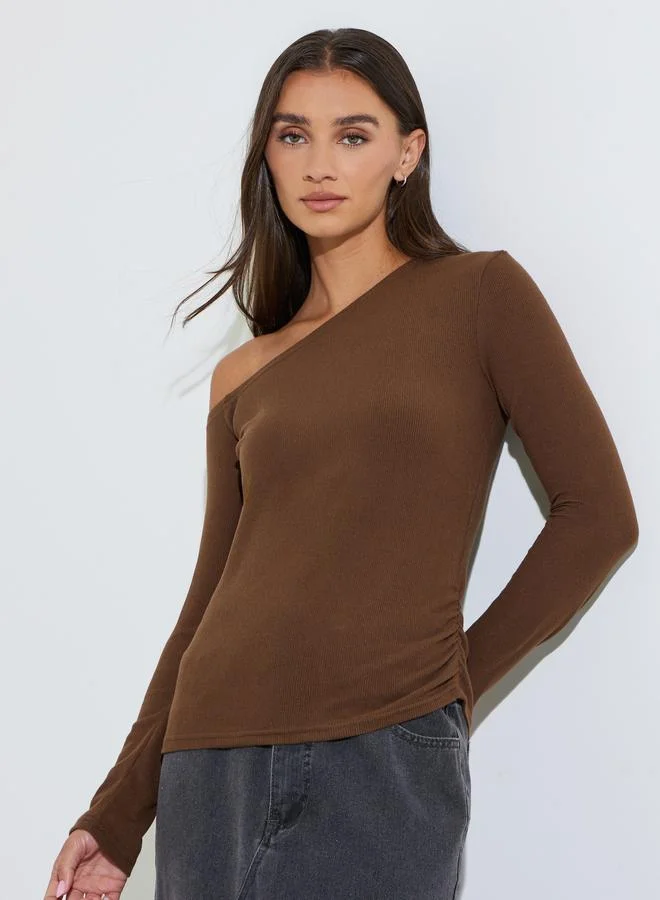 Styli Brown Asymmetric Neck Knit Top