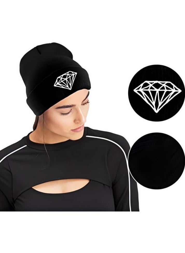 Generic Street Dance Hip-hop Hat, Diamond Wool Hat, Beanie Hat Women Men, Solid Color Ski Hat, Diamond Embroidered Knitted Hat, Winter Adult Warm Pullover Hat  - Image 1
