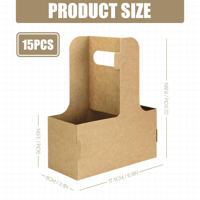 Xlong 2 Cup Disposable Drink Carrier for Delivery with Handle,15 Count Kraft Paperboard Cup Holder,Cup Carriers for Hot or Cold Drinks,Coffee Carrier, Food Delivery,Take Out Cup Carriers (Brown) - Image 2