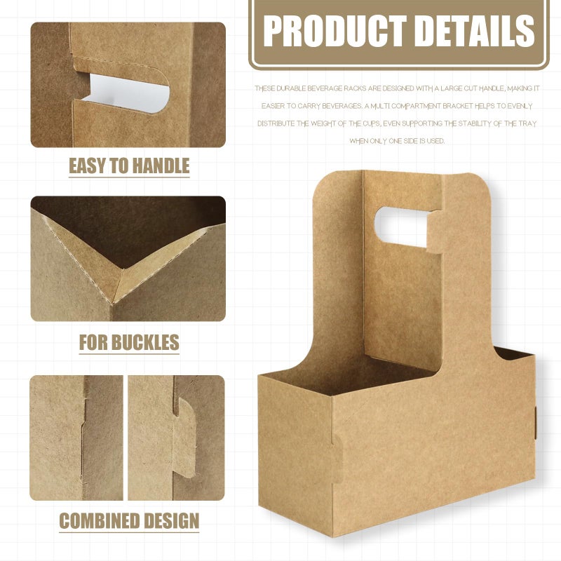 Xlong 2 Cup Disposable Drink Carrier for Delivery with Handle,15 Count Kraft Paperboard Cup Holder,Cup Carriers for Hot or Cold Drinks,Coffee Carrier, Food Delivery,Take Out Cup Carriers (Brown) - Image 3