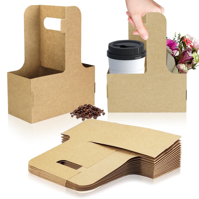 Xlong 2 Cup Disposable Drink Carrier for Delivery with Handle,15 Count Kraft Paperboard Cup Holder,Cup Carriers for Hot or Cold Drinks,Coffee Carrier, Food Delivery,Take Out Cup Carriers (Brown) - Image 1