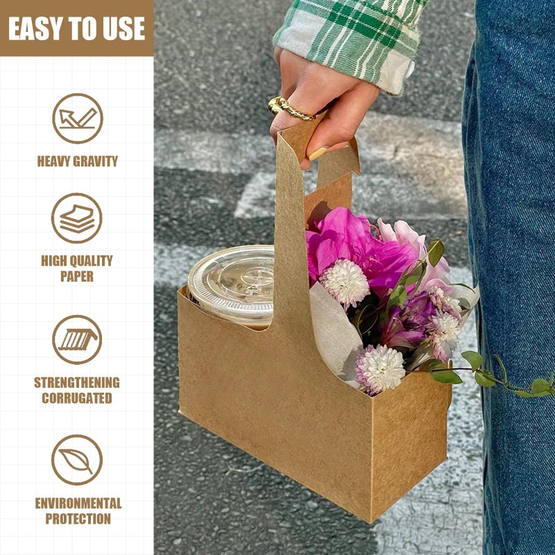 Xlong 2 Cup Disposable Drink Carrier for Delivery with Handle,15 Count Kraft Paperboard Cup Holder,Cup Carriers for Hot or Cold Drinks,Coffee Carrier, Food Delivery,Take Out Cup Carriers (Brown) - Image 5