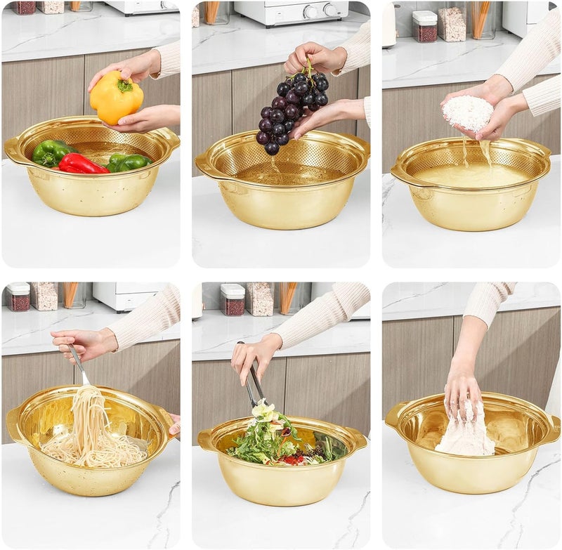 HEVASNEK Stainless Steel Microporous Colander with Handle – Gold Strainer Bowl for Washing Rice, Vegetables, Fruits & Draining Pasta Fine Mesh Rice Washer Kitchen Tool (23CM) Golden - Image 2