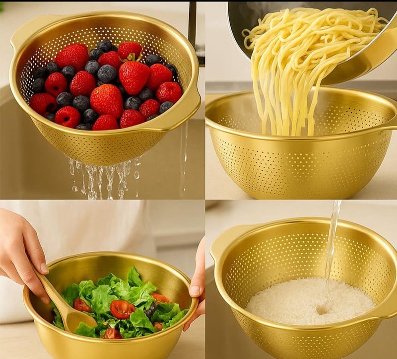 HEVASNEK Stainless Steel Microporous Colander with Handle – Gold Strainer Bowl for Washing Rice, Vegetables, Fruits & Draining Pasta Fine Mesh Rice Washer Kitchen Tool (23CM) Golden - Image 3