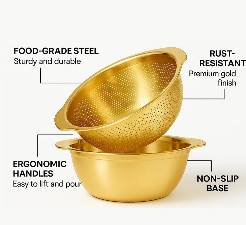HEVASNEK Stainless Steel Microporous Colander with Handle – Gold Strainer Bowl for Washing Rice, Vegetables, Fruits & Draining Pasta Fine Mesh Rice Washer Kitchen Tool (23CM) Golden - Image 5
