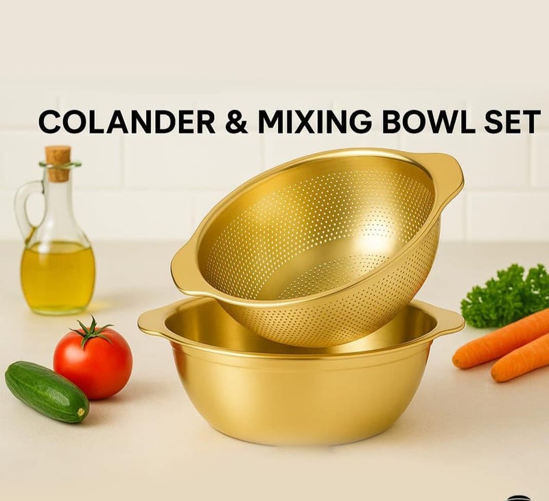 HEVASNEK Stainless Steel Microporous Colander with Handle – Gold Strainer Bowl for Washing Rice, Vegetables, Fruits & Draining Pasta Fine Mesh Rice Washer Kitchen Tool (23CM) Golden - Image 4