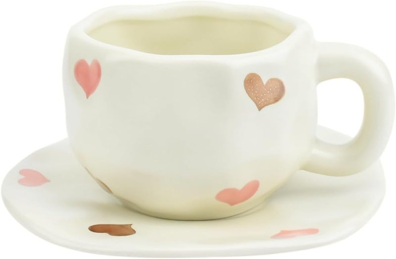 Koythin Ceramic Coffee Mug with Saucer Set, Cute Love Cup Unique for Office and Home, 10 oz/300 ml for Latte Tea Milk - Image 1