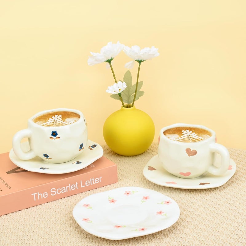 Koythin Ceramic Coffee Mug with Saucer Set, Cute Love Cup Unique for Office and Home, 10 oz/300 ml for Latte Tea Milk - Image 4
