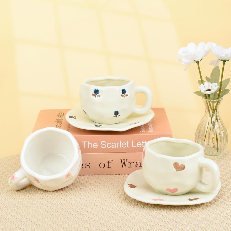 Koythin Ceramic Coffee Mug with Saucer Set, Cute Love Cup Unique for Office and Home, 10 oz/300 ml for Latte Tea Milk - Image 5