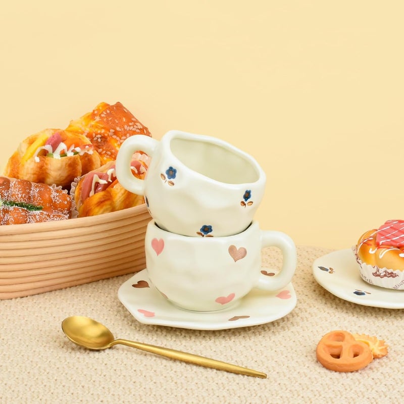 Koythin Ceramic Coffee Mug with Saucer Set, Cute Love Cup Unique for Office and Home, 10 oz/300 ml for Latte Tea Milk - Image 3