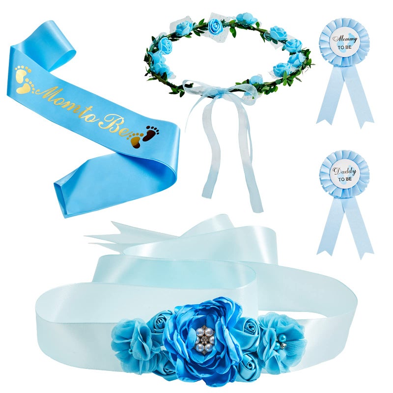 Xinnun 5 Pcs Baby Shower Maternity Sash Kit Shoulder Sash and Pin Daddy Corsages Flower Crown Pregnancy Sash Rose Wreath Headdress for Baby Shower Pregnancy Parents Prop Present Party Favor(Blue) - Image 1