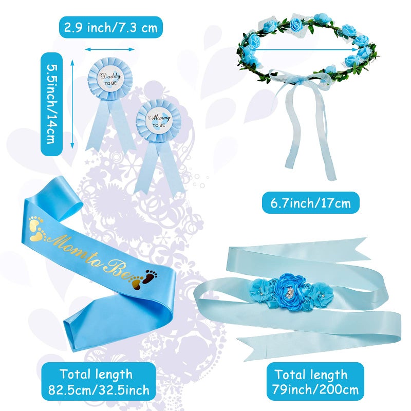Xinnun 5 Pcs Baby Shower Maternity Sash Kit Shoulder Sash and Pin Daddy Corsages Flower Crown Pregnancy Sash Rose Wreath Headdress for Baby Shower Pregnancy Parents Prop Present Party Favor(Blue) - Image 2