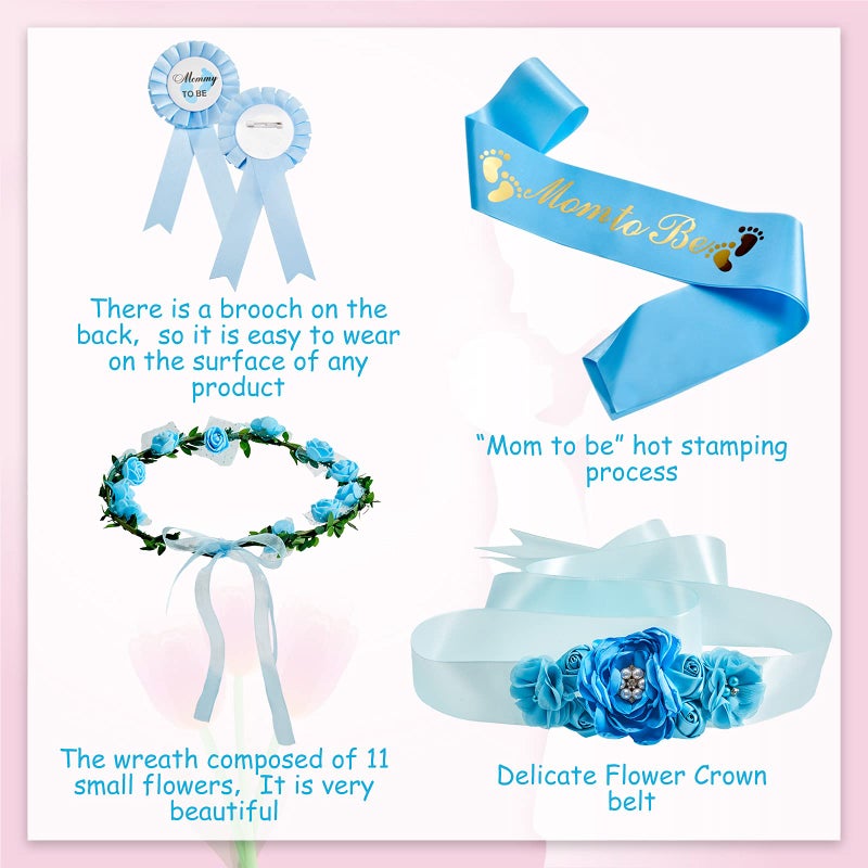 Xinnun 5 Pcs Baby Shower Maternity Sash Kit Shoulder Sash and Pin Daddy Corsages Flower Crown Pregnancy Sash Rose Wreath Headdress for Baby Shower Pregnancy Parents Prop Present Party Favor(Blue) - Image 3
