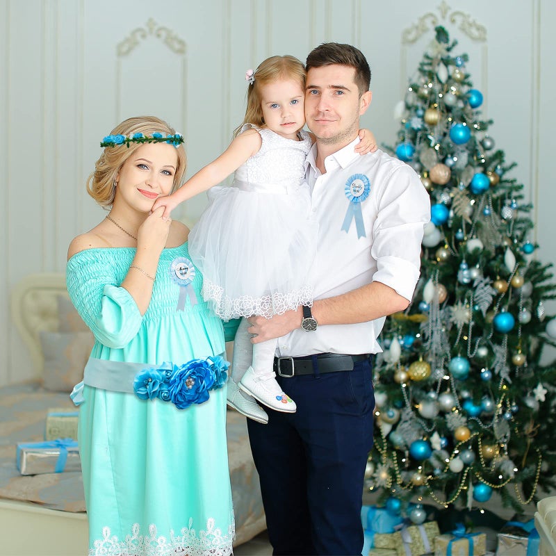 Xinnun 5 Pcs Baby Shower Maternity Sash Kit Shoulder Sash and Pin Daddy Corsages Flower Crown Pregnancy Sash Rose Wreath Headdress for Baby Shower Pregnancy Parents Prop Present Party Favor(Blue) - Image 5