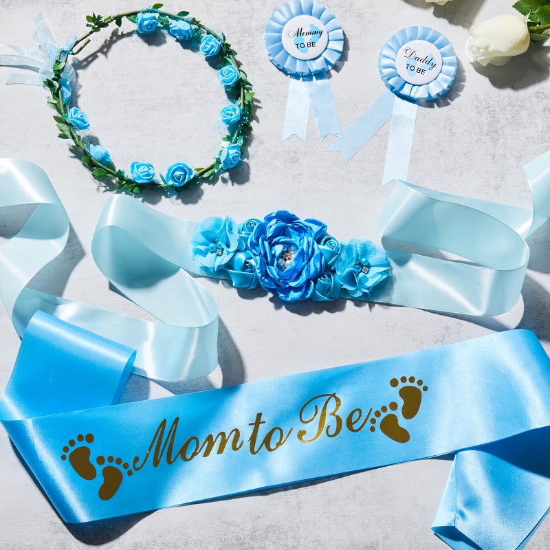 Xinnun 5 Pcs Baby Shower Maternity Sash Kit Shoulder Sash and Pin Daddy Corsages Flower Crown Pregnancy Sash Rose Wreath Headdress for Baby Shower Pregnancy Parents Prop Present Party Favor(Blue) - Image 4