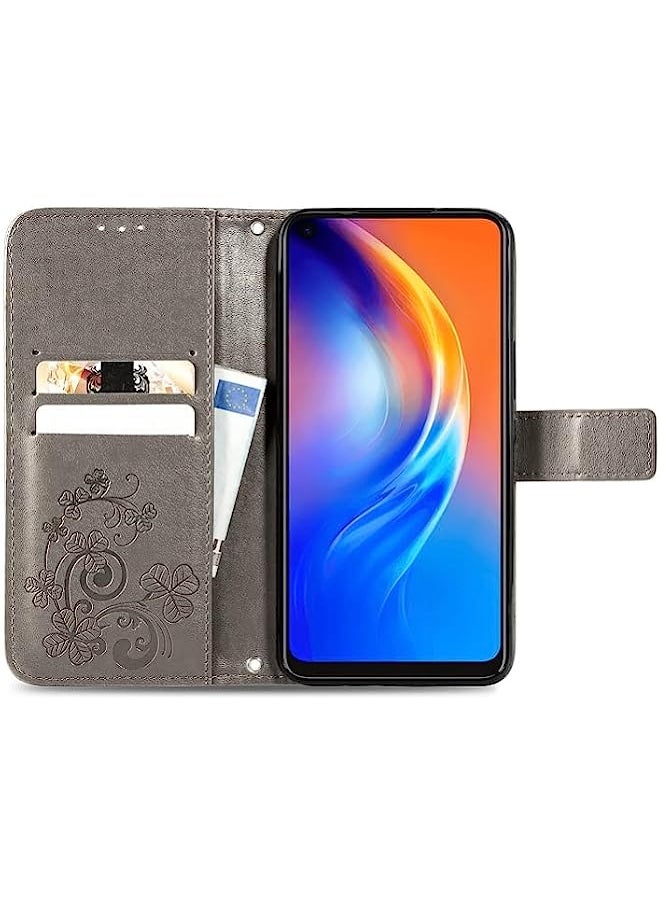 HuHa - HuHa Case Cover Compatible For Tecno Spark 6 Four-leaf Clasp Embossed Buckle Mobile Phone Protection Leather Case with Lanyard & Card Slot & Wallet & Bracket Function Gray - Image 1