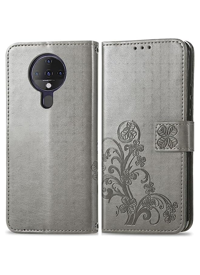 HuHa - HuHa Case Cover Compatible For Tecno Spark 6 Four-leaf Clasp Embossed Buckle Mobile Phone Protection Leather Case with Lanyard & Card Slot & Wallet & Bracket Function Gray - Image 1