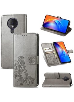 HuHa Case Cover Compatible For Tecno Spark 6 Four-leaf Clasp Embossed Buckle Mobile Phone Protection Leather Case with Lanyard & Card Slot & Wallet & Bracket Function Gray