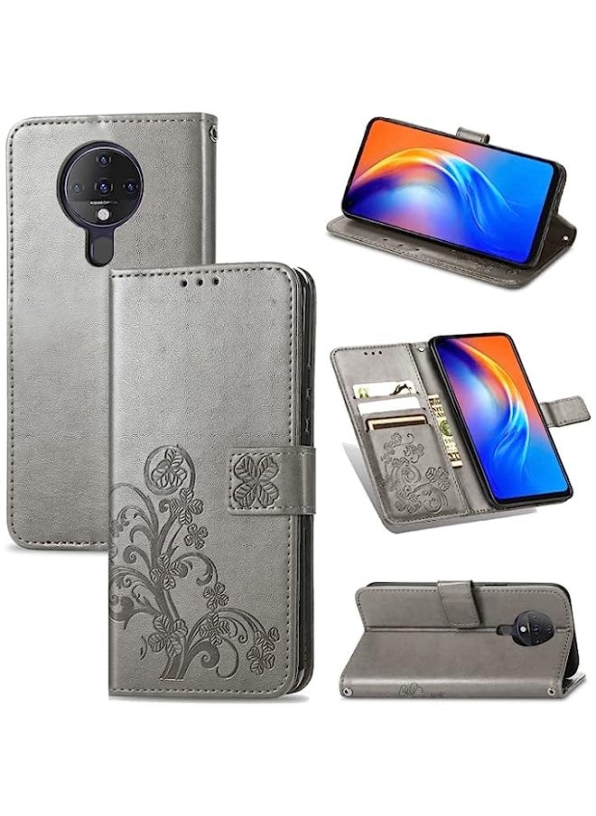 HuHa - HuHa Case Cover Compatible For Tecno Spark 6 Four-leaf Clasp Embossed Buckle Mobile Phone Protection Leather Case with Lanyard & Card Slot & Wallet & Bracket Function Gray - Image 1
