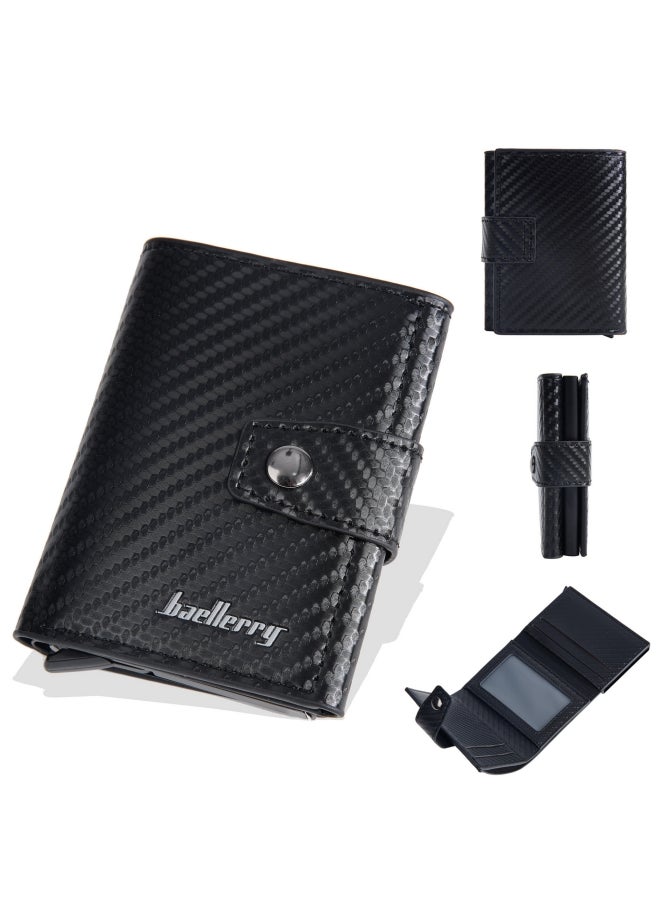 baellerry BAELLERRY Men's Card Holder, European and American Automatic Card Ejection Style, Buckle Card Holder, Carbon Fiber Black  - Image 1