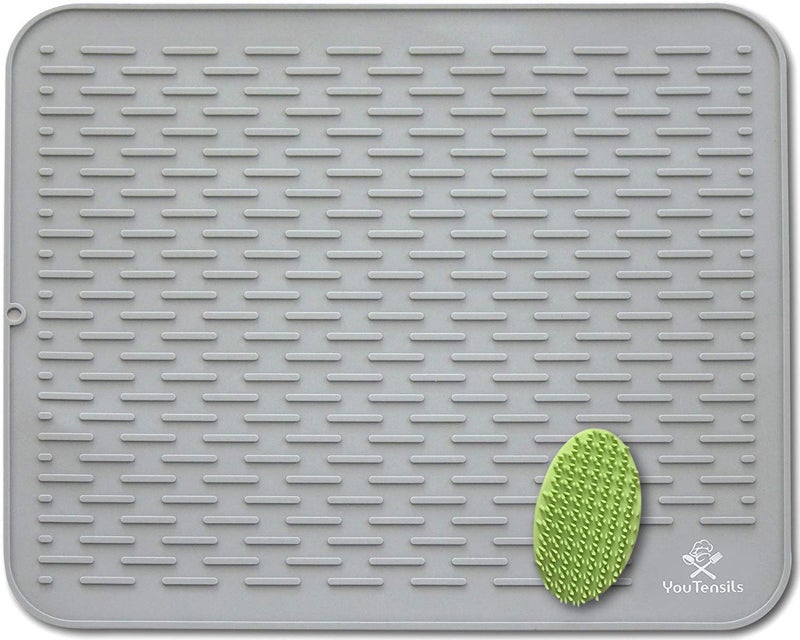 Silicone Dish Drying Mat  Scrubber XXL 21 x18   Gray Kitchen Dish Drainer Mats  Trivet  Food Safe Fast Draining Pad for Dishes Gray XXL