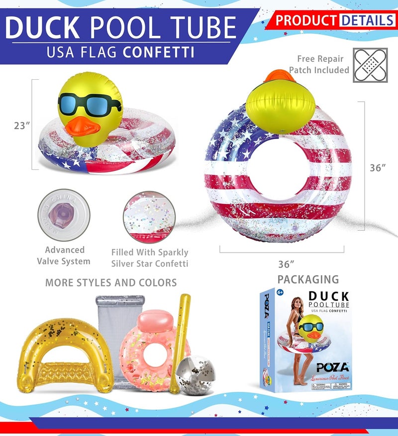 POZA Inflatable USA Pool Float - Luxurious Fun Lounger Filled with Sparkle Silver Stars Confetti, Cool USA Flag Design Water Swimming Pool Floaties for Beach, Lake & Pool - Image 2