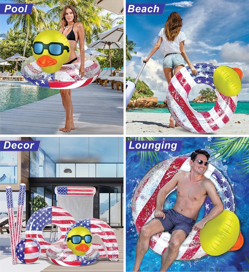 POZA Inflatable USA Pool Float - Luxurious Fun Lounger Filled with Sparkle Silver Stars Confetti, Cool USA Flag Design Water Swimming Pool Floaties for Beach, Lake & Pool - Image 3