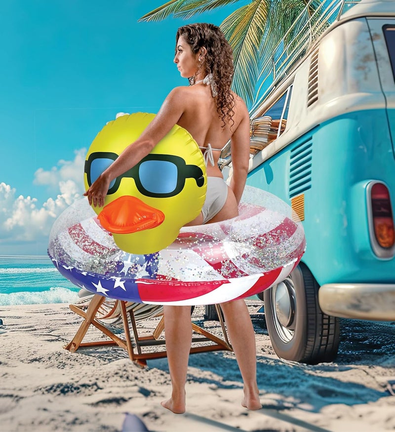 POZA Inflatable USA Pool Float - Luxurious Fun Lounger Filled with Sparkle Silver Stars Confetti, Cool USA Flag Design Water Swimming Pool Floaties for Beach, Lake & Pool - Image 4