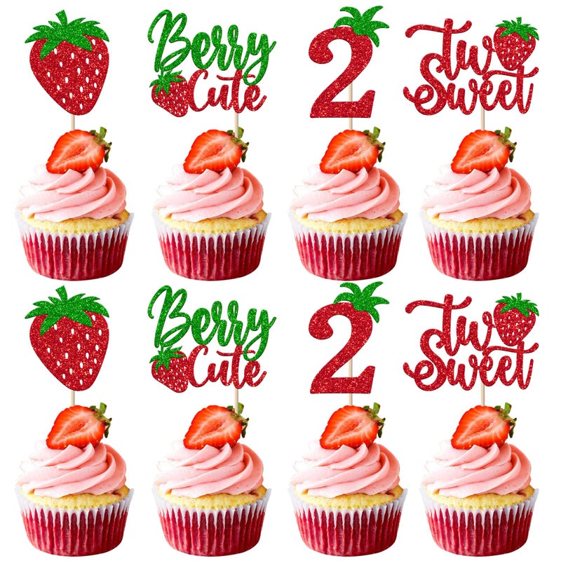 RSSTARXI 24 Pack Strawberry Two Cupcake Toppers Glitter Sweet Two Cupcake يختار التوت الثاني ديكور عيد ميلاد الفاكهة لموضوع الطفل ديكورات عيد ميلاد ثان - Image 1