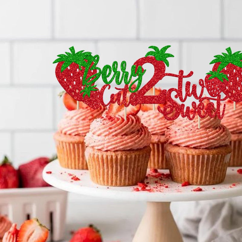 RSSTARXI 24 Pack Strawberry Two Cupcake Toppers Glitter Sweet Two Cupcake يختار التوت الثاني ديكور عيد ميلاد الفاكهة لموضوع الطفل ديكورات عيد ميلاد ثان - Image 4