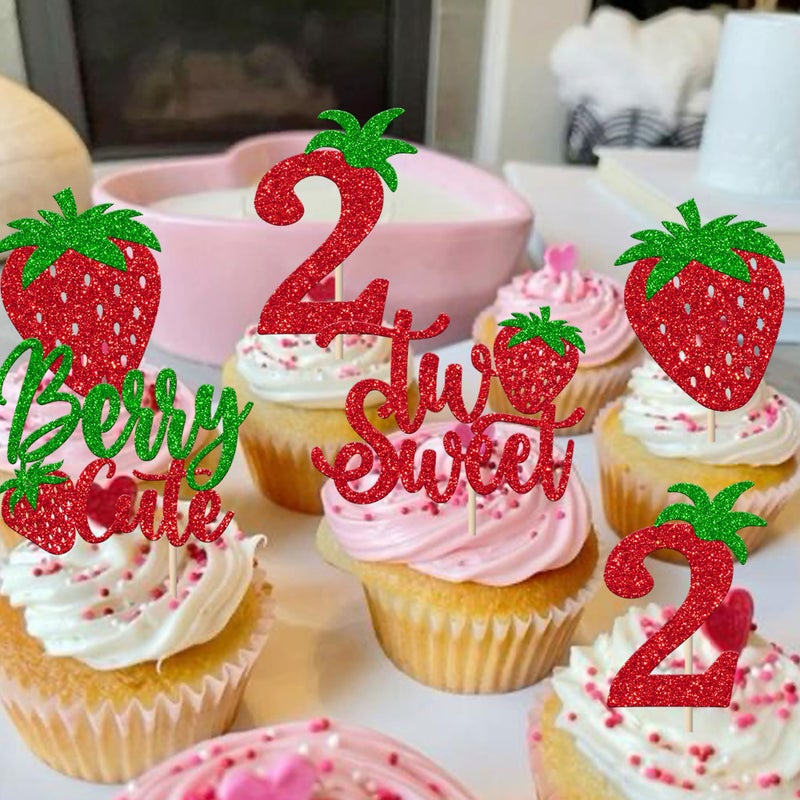 RSSTARXI 24 Pack Strawberry Two Cupcake Toppers Glitter Sweet Two Cupcake يختار التوت الثاني ديكور عيد ميلاد الفاكهة لموضوع الطفل ديكورات عيد ميلاد ثان - Image 5