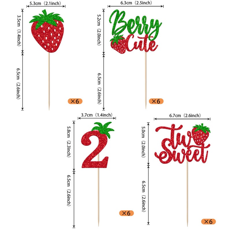 RSSTARXI 24 Pack Strawberry Two Cupcake Toppers Glitter Sweet Two Cupcake يختار التوت الثاني ديكور عيد ميلاد الفاكهة لموضوع الطفل ديكورات عيد ميلاد ثان - Image 2