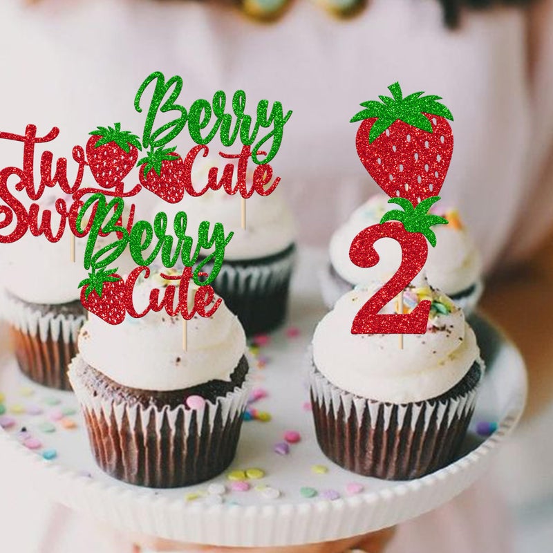 RSSTARXI 24 Pack Strawberry Two Cupcake Toppers Glitter Sweet Two Cupcake يختار التوت الثاني ديكور عيد ميلاد الفاكهة لموضوع الطفل ديكورات عيد ميلاد ثان - Image 3