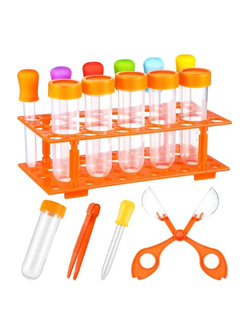 14 Pieces Science Motor Skill Tool Set, Science Learning Tools for Kids, Includes 5 Jumbo Test Tubes, 6 Silicone Liquid Droppers, 1 Storage Stand, 1 Plastic Tweezer and 1 Plastic Scissors Handy