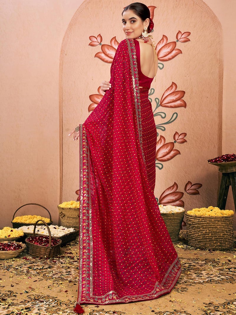 Satrani Women's Chiffon Sequin Embroidery Lace & Bandhani Printed Saree with Unstitched Blouse Piece (4114S651N_Red) - Image 2