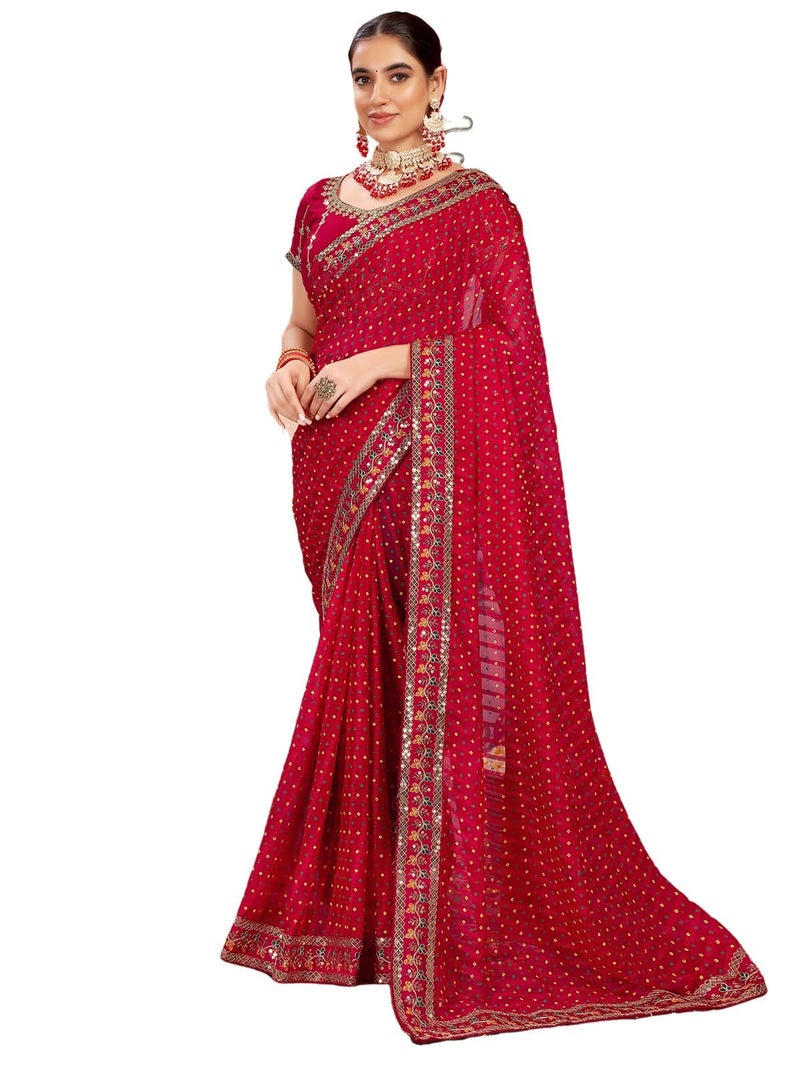 Satrani Women's Chiffon Sequin Embroidery Lace & Bandhani Printed Saree with Unstitched Blouse Piece (4114S651N_Red) - Image 1
