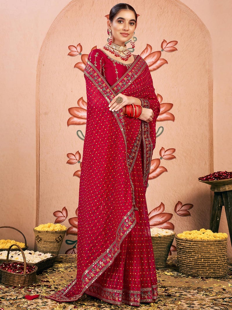 Satrani Women's Chiffon Sequin Embroidery Lace & Bandhani Printed Saree with Unstitched Blouse Piece (4114S651N_Red) - Image 3