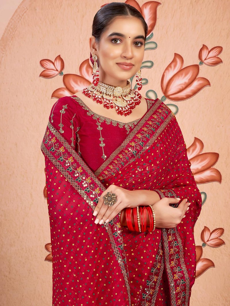 Satrani Women's Chiffon Sequin Embroidery Lace & Bandhani Printed Saree with Unstitched Blouse Piece (4114S651N_Red) - Image 4