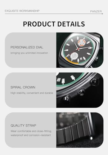 Gosasa Fashion Business Square Mens Watches Luminous Waterproof Quartz Watch with Calendar & Chronograph - Stylish Gold & Silver Wristwatch Stainless Steel Band (Silver Black) - Image 5