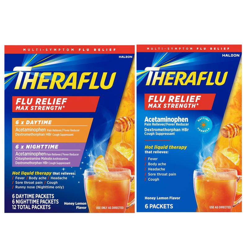 Theraflu ثيرافلو أقصى قوة لتخفيف أعراض الإنفلونزا نهارًا وليلاً بنكهة العسل والليمون، مسحوق، 6 نهارًا + 6 ليلاً، و6 عبوات مسحوق بنكهة العسل والليمون - Image 1