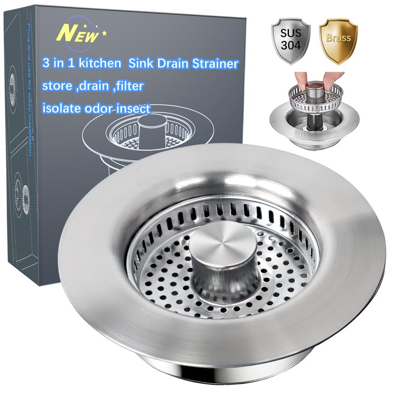 XIAQILAUS Sink Drain Strainer - Sink Stopper for Kitchen Drain,3 in 1 Kitchen Sink Drain Strainer with Anti Clogging Basket, Easy to Install Kitchen Sink Stopper for US Standard 3-1/2â€ Drain Hole - Image 1