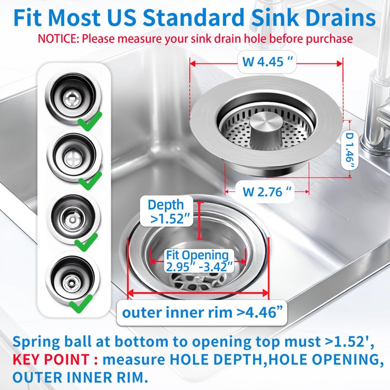 XIAQILAUS Sink Drain Strainer - Sink Stopper for Kitchen Drain,3 in 1 Kitchen Sink Drain Strainer with Anti Clogging Basket, Easy to Install Kitchen Sink Stopper for US Standard 3-1/2â€ Drain Hole - Image 4