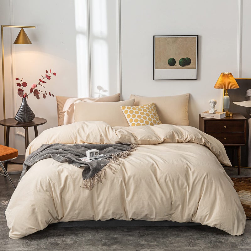 Janlive Washed Cotton Duvet Cover Full Ultra Soft 100 Cotton Solid Color Beige Duvet Cover Set with Zipper Closure 3 Pieces Beige Full