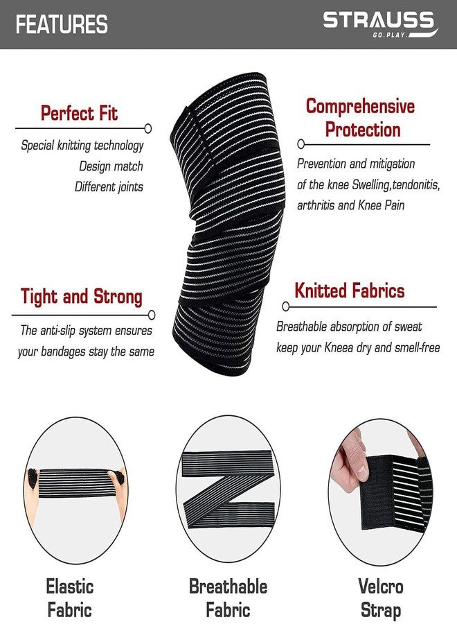 STRAUSS Elastic Knee Compression Bandage Wraps | Support for Ankle, Knee, Elbow Pain Relief, Sports & Workout | Can Be Used For Squats and Powerlifting | 2 Pair (Black) - Image 2