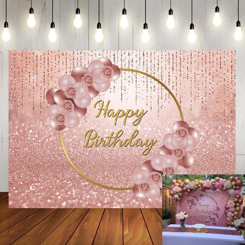 Cenven Pink Rose Gold Happy Birthday Backdrop Glitter Rose Gold Floral Balloon Bokeh Photography Background Girls Lady Sweet 16th 21th 30th Birthday Party Cake Table Photo Props 7x5FT - Image 5