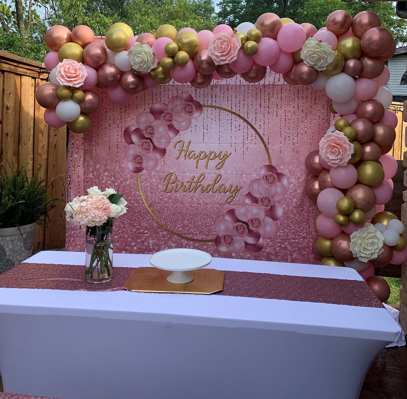 Cenven Pink Rose Gold Happy Birthday Backdrop Glitter Rose Gold Floral Balloon Bokeh Photography Background Girls Lady Sweet 16th 21th 30th Birthday Party Cake Table Photo Props 7x5FT - Image 4
