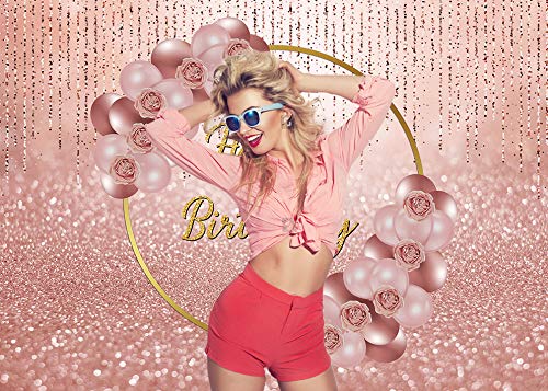 Cenven Pink Rose Gold Happy Birthday Backdrop Glitter Rose Gold Floral Balloon Bokeh Photography Background Girls Lady Sweet 16th 21th 30th Birthday Party Cake Table Photo Props 7x5FT - Image 3