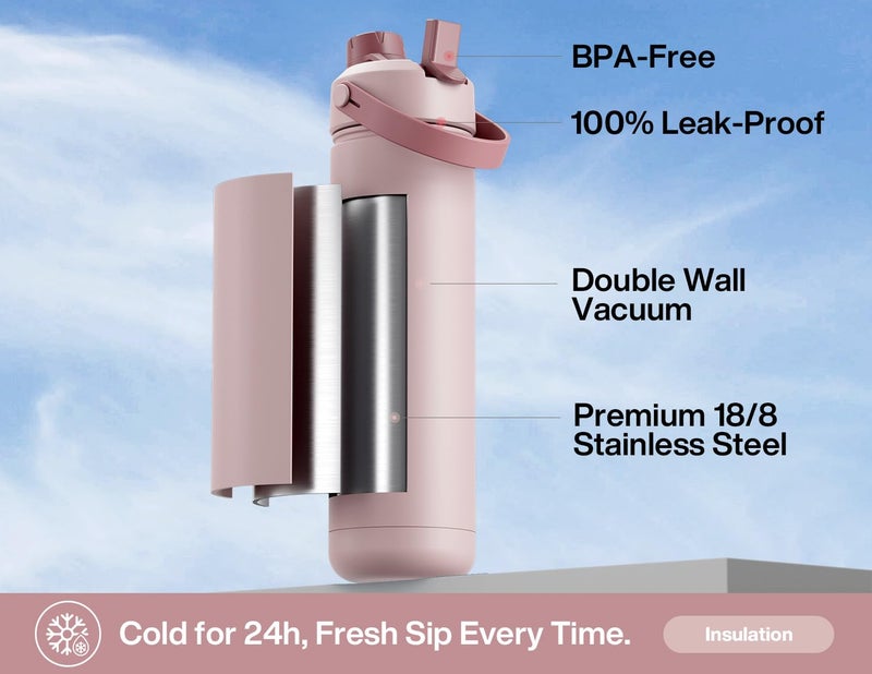 POWCAN 26 oz Insulated Water Bottle with 2-in-1 Straw and Spout Lid, Keep Cold 24H, Leak-Proof, Fits in Car Cup Holder, Stainless Steel Water Bottle for Sports, Travel, Gym, and School (Dried Rose) - Image 2