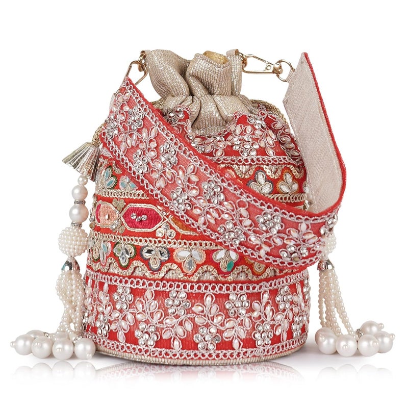 PLANX Velvet SilK Stylish Embroidery Unique Design Trendy Traditional Ethnic Wedding Party Handheld Potli For Women - Image 1