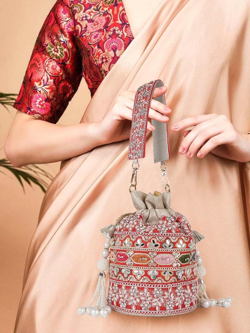 PLANX Velvet SilK Stylish Embroidery Unique Design Trendy Traditional Ethnic Wedding Party Handheld Potli For Women - Image 4